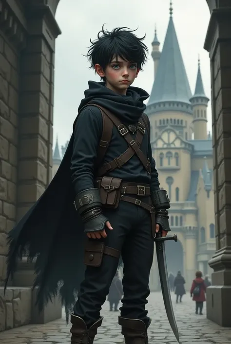 realistic, best quality, masterpiece, detailed, perfect face, fantasy, medieval, lad, male, young, beardless, adolescent, teenager, short stature, pale skin, blue eyes, black hair, messy hair, short hair, straight hair, black clothes, rogue, thief, rogue c...