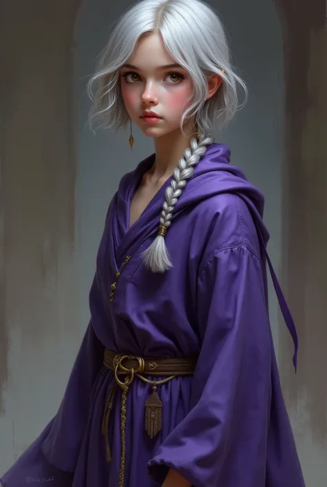 realistic, best quality, masterpiece, detailed, perfect face, fantasy, medieval, girl, young, adolescent, teenager, fair skin, silver hair, short hair, side-braids, brown eyes, sorceress, sorceress robes, purple robes, long sleeved robes, short sature, ful...