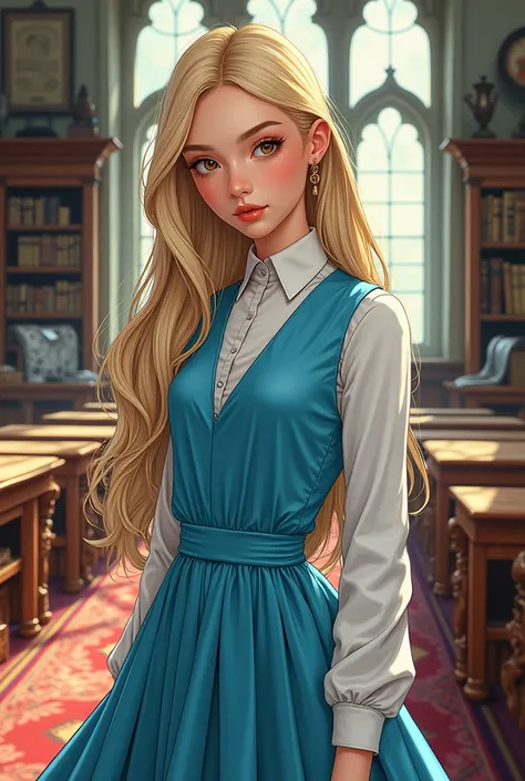 Imagine a pretty fifteen-year-old Asian girl, white skin, honey brown eyes, long blonde hair, slightly red lips, confident expression, dressed in a light blue Beauxbatons magic academy uniform made of silk. Her profile and body are facing the camera, she i...