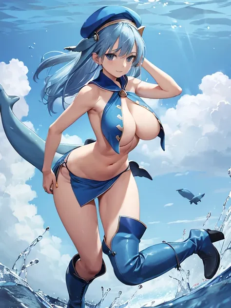 (1 naked girl with dolphins tail:1.3), solo, blue skimpy clothing,undersized clothes,blue revealing clothes, smile, bangs,blue long hair, blue cap,blue beret, big breasts, midriff, bare shoulders, sideboob, (blue circular pasties:1.3),(blue circular nipple...