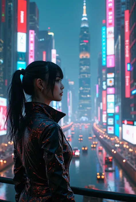 ((masterpiece)), A bustling cyberpunk cityscape at night, neon signs glowing vibrantly, reflecting off the rain-slicked streets. In the foreground, a female android with glowing eyes and intricate circuit patterns on her skin gazes at the skyline. Shes wea...