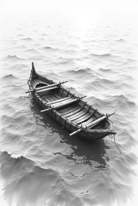 Pencil drawing of a raft in the sea in an aerial view in black and white