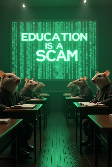 1. Rats in a Matrix Classroom: A digital, dystopian classroom scene where rats, dressed in human-like attire, are sitting at desks connected to a matrix-like digital world. The green Matrix code falls in the background, symbolizing manipulation, with a lar...