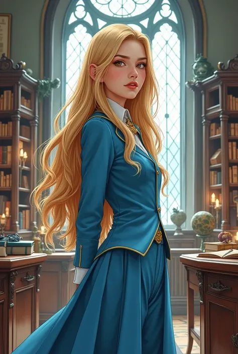 Imagine a pretty fifteen-year-old Asian girl, white skin, honey brown eyes, long blonde hair, slightly red lips, confident expression, dressed in a light blue Beauxbatons magic academy uniform made of silk. Her profile and body are facing the camera, she i...