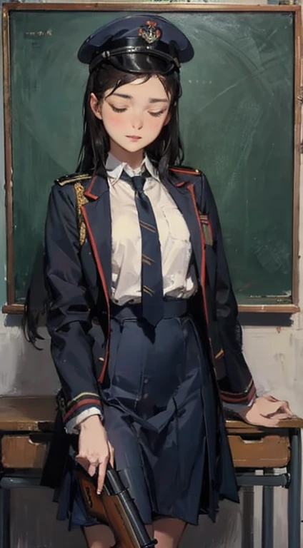 a drawing of a girl standing with a rifle by her side and her jacket pulled tight, 1girl, solo, hat, uniform, military, military uniform, long hair, skirt, necktie　girl sleeping on desk, school uniform, classroom, Fechin, oil painting, IMPRESSIONISM