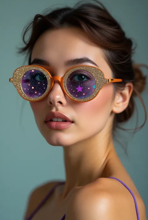 The model is wearing glass sunglasses with stars and the moon on the glass