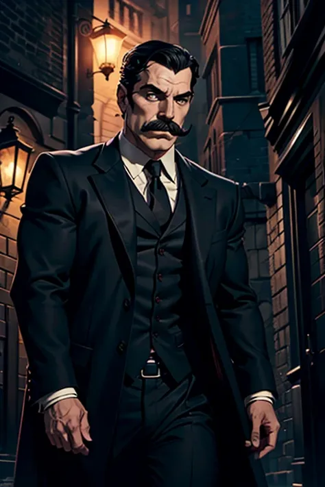 henry cavil, mustache, noir dectetive in a dark ally