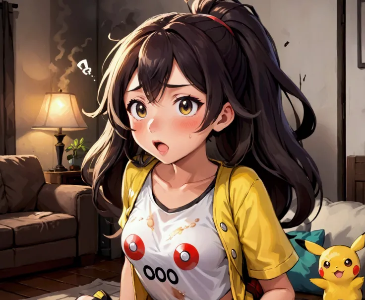 a cute woman (age 25, pokemon trainer, little outfit, shocked expression, slightly singed and charred, messy hair) has just been shocked by her Pikachu, living room, funny scene