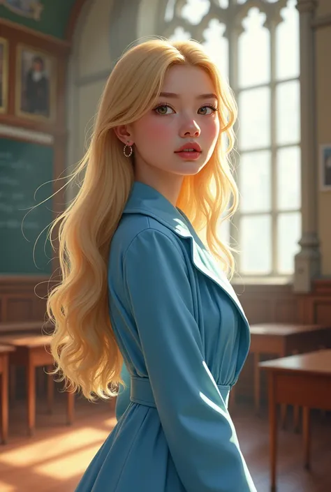 Imagine a pretty fifteen-year-old corean girl, white skin, honey brown eyes, long blonde hair, slightly red lips, confident expression, dressed in a light blue Beauxbatons magic academy uniform made of silk. Her profile and body are facing the camera, she ...