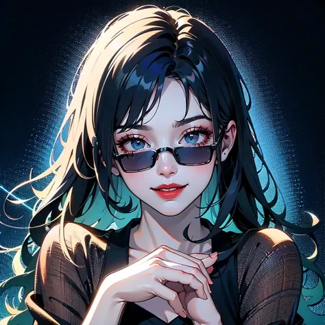 black background with blue rain, emo girl with blue hair and sunglasses, she is smiling, she has an emo girl outfit coming from a goth-metal band, making the rock gesture with her hands