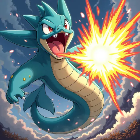 Anime Style. Pokémon, Gyarados. Hyper Beam from Gyarados mouth. dynamic. flash.