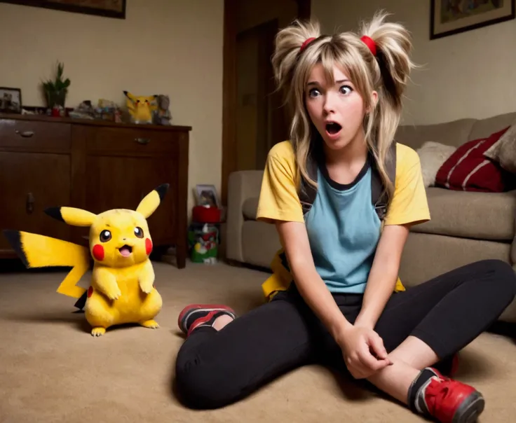 a cute woman (age 25, pokemon trainer, little outfit, shocked expression, slightly singed and charred, messy hair) has just been shocked by her Pikachu, living room, funny scene
