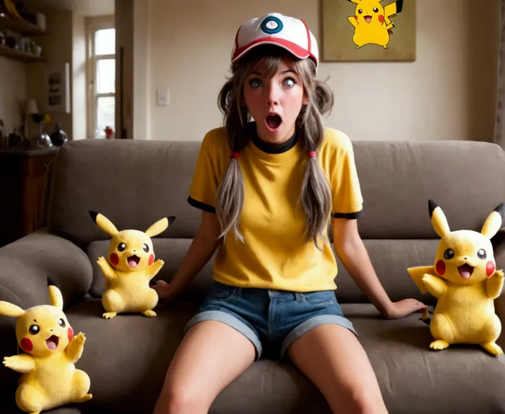 a cute woman (age 25, pokemon trainer, little outfit, shocked expression, slightly singed and charred, messy hair) has just been shocked by her Pikachu, living room, funny scene
