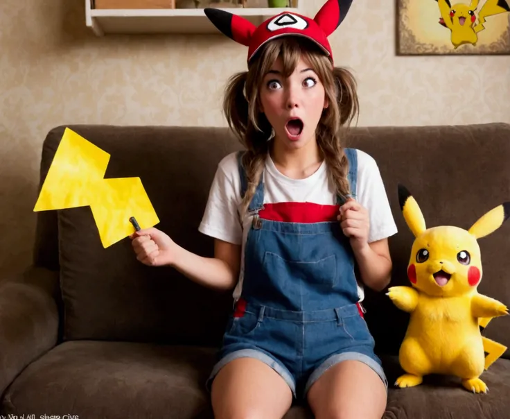 a cute woman (age 25, pokemon trainer, little outfit, shocked expression, slightly singed and charred, messy hair) has just been shocked by her Pikachu, living room, funny scene
