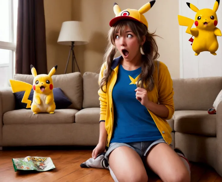 a cute woman (age 25, pokemon trainer, little outfit, shocked expression, slightly singed and charred, messy hair) has just been shocked by her Pikachu, living room, funny scene
