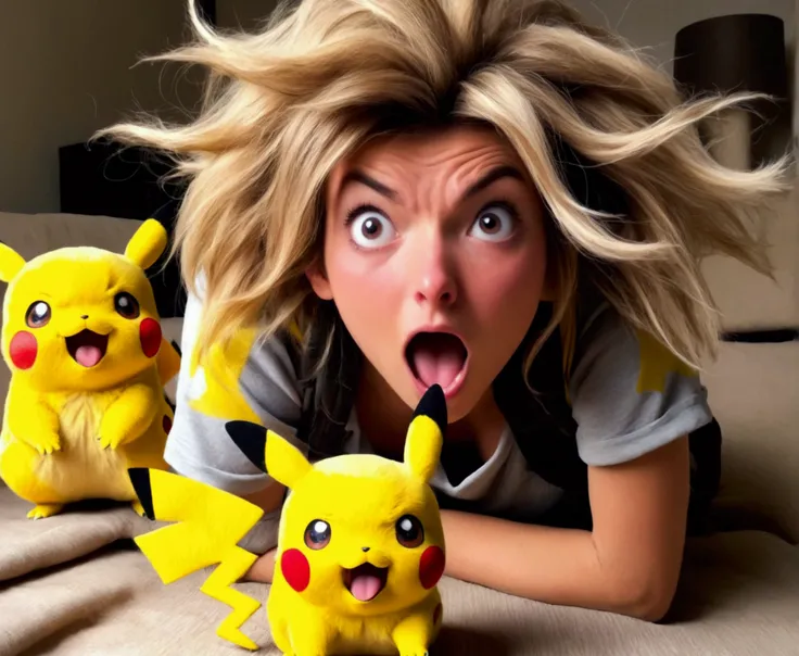 a cute woman (age 25, pokemon trainer, little outfit, shocked expression, slightly singed and charred, messy hair) has just been shocked by her Pikachu, living room, funny scene
