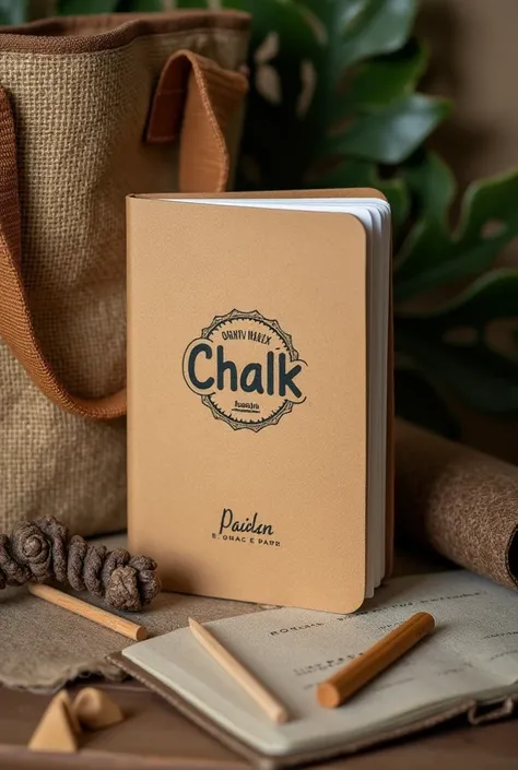 notebook with recycled sheets, with the brand name as it is in quotation marks "chalk&quot;, with a tocuyo bag on the side where this notebook can fit