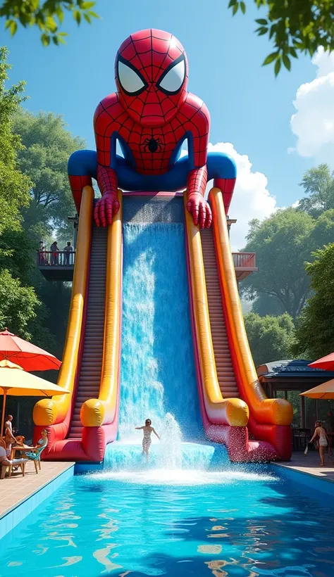 A large Spiderman-shaped inflatable slide stands above a bright blue pool, surrounded by lush trees. Spiderman has bright orange and yellow stripes, big bright eyes, and a happy expression. Water falls from Spidermans claws into the pool below, where peopl...