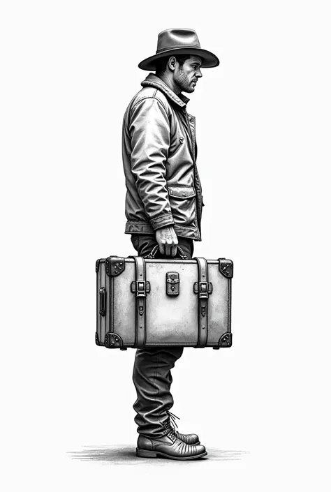 Hand drawing of a men from the side with boots, a hat and a suitcase