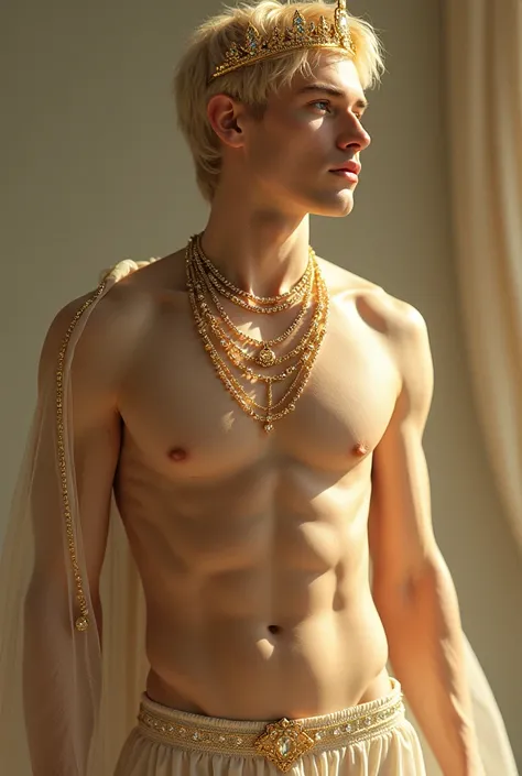 A beautiful blond man with short, thin hair, soft, white skin, perfect face, Angel from heaven, shirtless, wearing shiny boxers and golden necklaces, crown, appreciating his reflection in the mirror