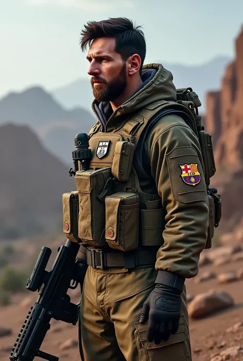 make a call of duty warzone skin of Lionel Messi fully equipped for war and characterized by Barcelona 