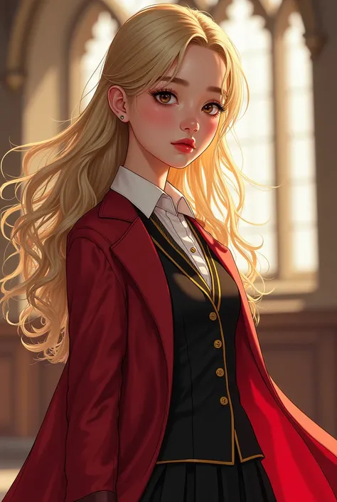 Imagine a pretty fifteen-year-old korean girl, white skin, honey brown eyes, long blonde hair, slightly red lips, confident expression, dressed in a light blue Beauxbatons magic academy uniform made of silk. Her profile and body are facing the camera, she ...