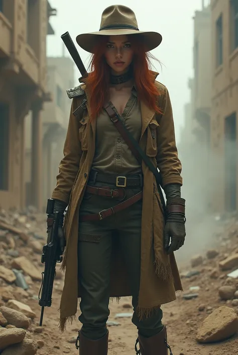 A stern and mysterious character in a post-apocalyptic world, 
ready to face harsh realities with boldness and fortitude. 
Fog swirls around the feet of the thirty-year-old, red-haired, tiger-eyed Ishtar, 
as she surveys the crumbling cityscape.She is dres...