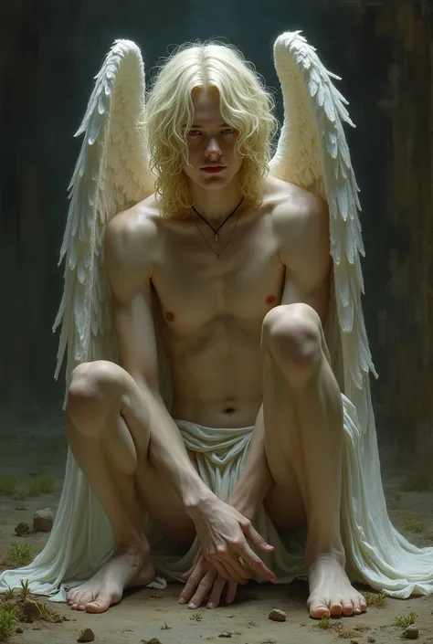 Angel skinny man half naked medieval blond prisoner