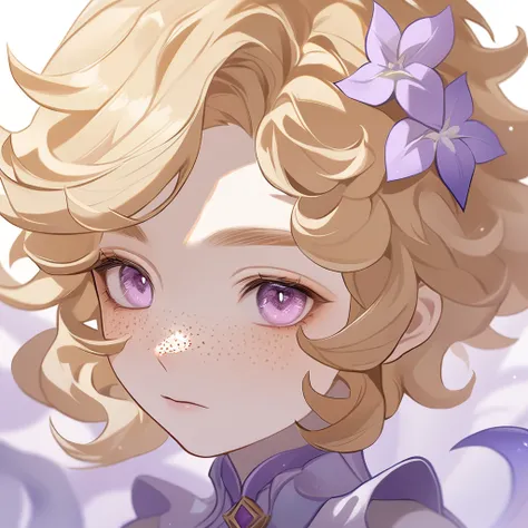 genshin impact art, bust and face image in focus, perfect image, maximum quality, detailed, male, young boy, short and curly hair, blonde hair, white skin, freckles, lilac eyes, lilac merfolk tail 