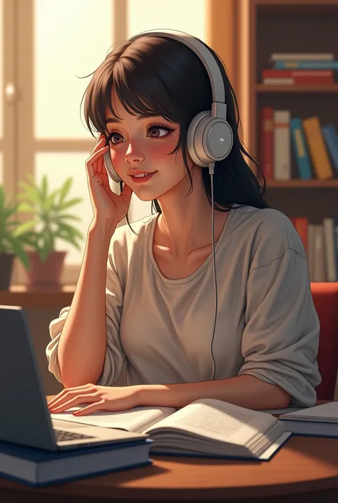 relaxed woman listening to music while studying