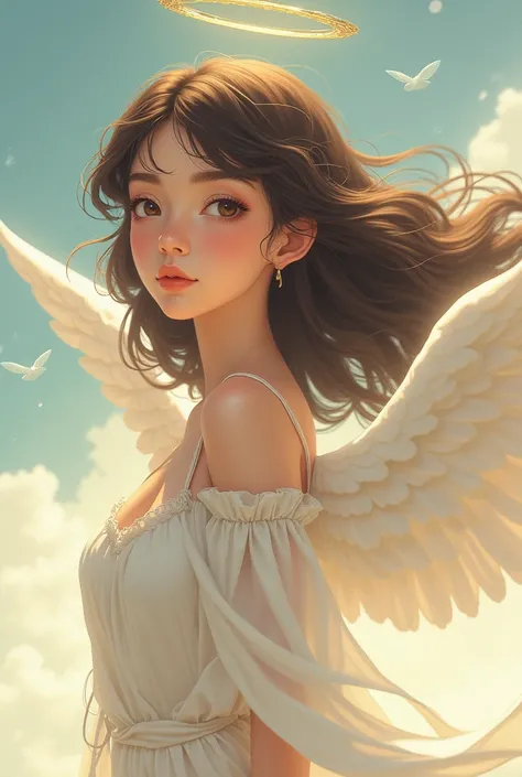 create an image of an angel,  brown skinned brunette in style "animes 90s " right-wing 
