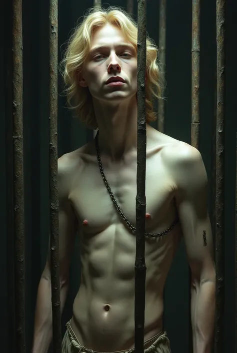 Angel thin man half naked medieval prisoner blond bars