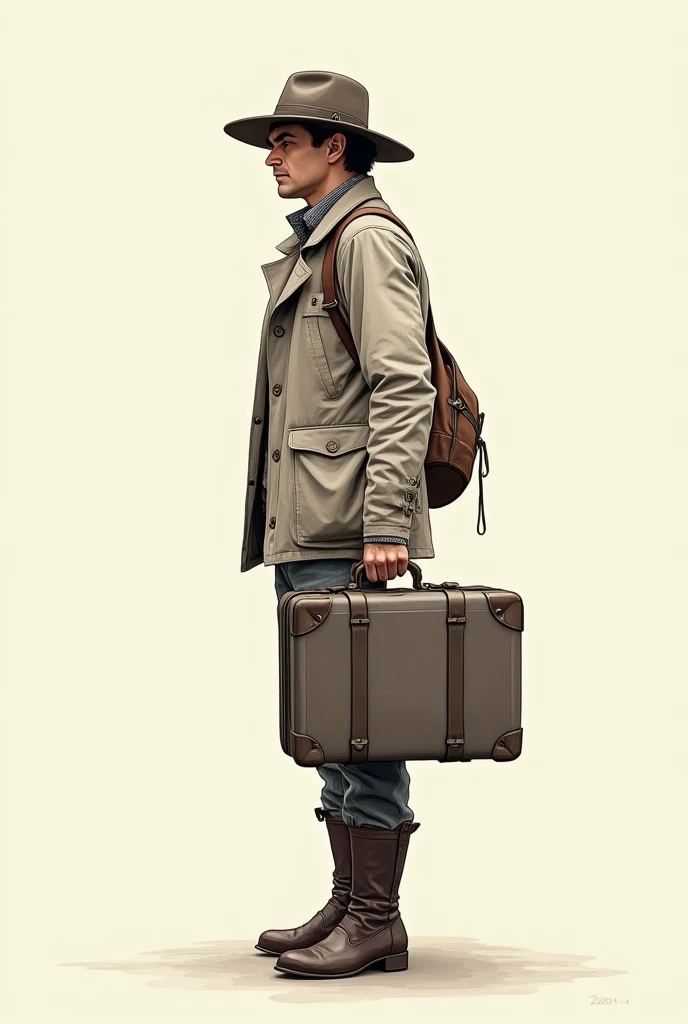 drawing of a men from the side with boots, a hat and a suitcase