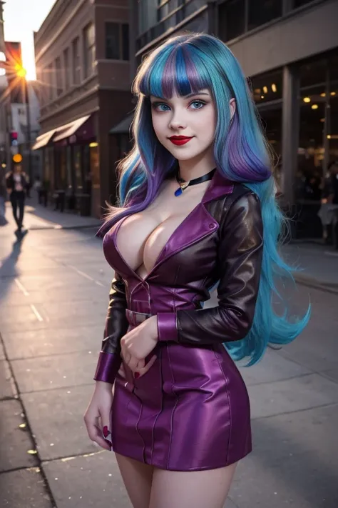 (masterpiece, The best quality:1.2), only, 1 girl , beautiful teenage girl , teenage model , Caucasian , mlp Sonata Dusk , big breasts ,smug smile , make-up , Red lips , little black jacket , purple rocker style dress, the glow of the sunset , 19 years , b...