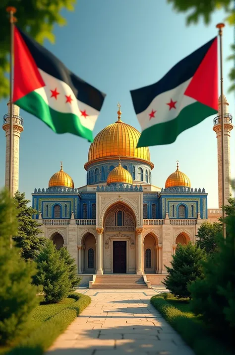 Beautiful design featuring Al-Aqsa Mosque prominently surrounded by the Palestinian and Syrian flags.