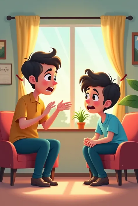 A person asking for help from an animated psychologist 