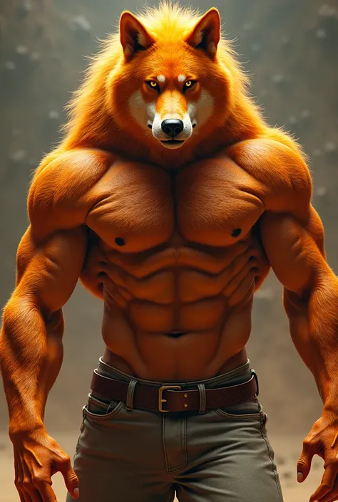 Mr. Wolf, (From the movie The Worst), 1 male character, velues, Orange wolf, muscular, wearing no shirt, six-pack abs, flexion, muscular veins