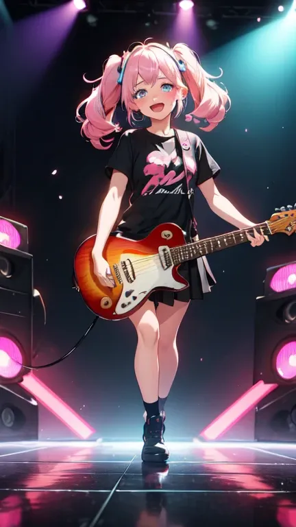 Kawaii pop idol singer performs on stage and sings into the microphone, around the flash of neon lights, color music, streaked hair, white hair, pink hair, quad drills, hair ornament, crazy eyes, crying with eyes open, happy tears, eyebrows behind hair, lo...