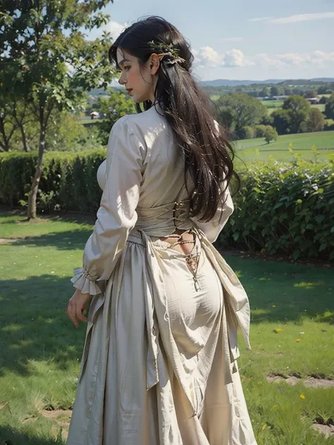 voluptuous elf, defined and strong body, short dress with long sleeves and a low neckline, long white hair down to her waist, view from behind, set in medieval times. 