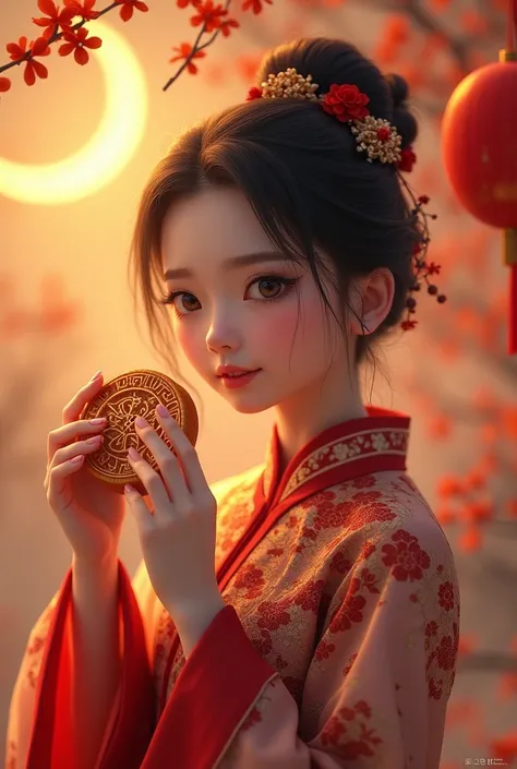 a beautiful detailed girl wearing traditional chinese mid autumn festival clothes, holding and eating a mooncake, detailed facial features, long eyelashes, detailed ornaments, intricate clothing patterns, warm autumn colors, soft lighting, detailed backgro...