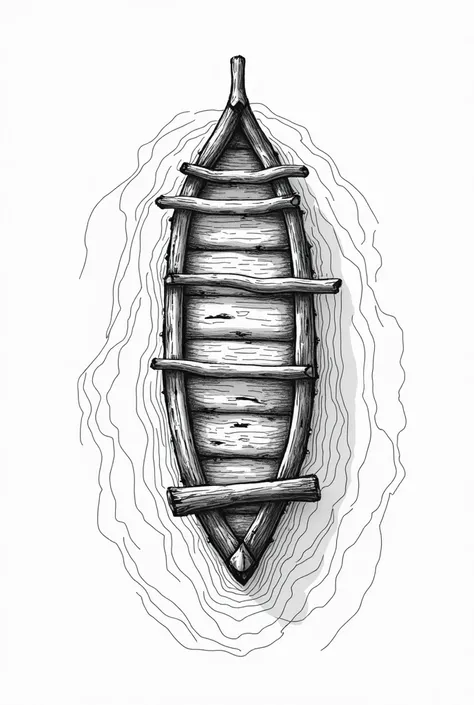 Hand drawing of a raft boat in the sea an overhead view in black and white