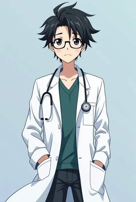 黑色头发白色doctor大褂，doctor，wear glasses，Anime style，anime boy，full-body shot，Solid color background，front Photo