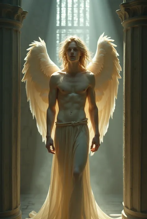 Angel man slender half naked medieval blond cell grid