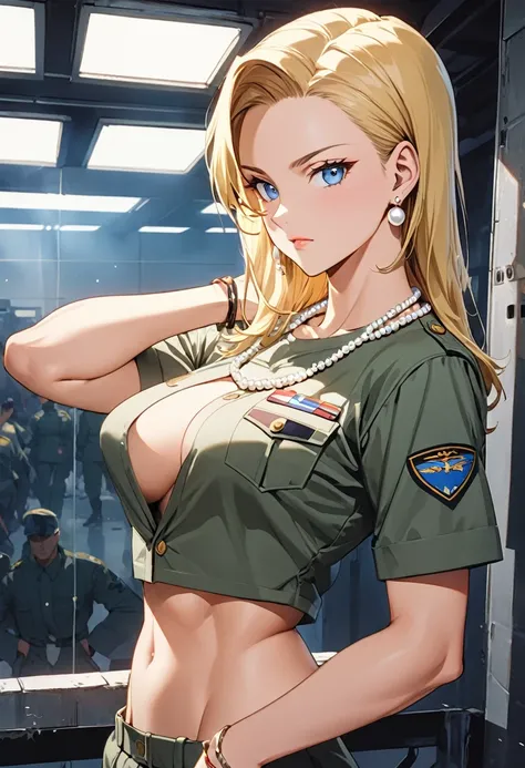 masterpiece, Highest quality, High resolution, (Artificial Human Room No. 18),1990s (style),(E-cup beautiful breasts)、 (tall:1.2),height: 170cm,Fashion model body type、Muscular、(sexy)、nsfw,独奏,Anime-style painting style, blonde, blue eyes, uniform,Military ...