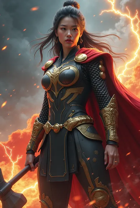 A fierce Korean woman in a Leo-inspired Thor costume, her armor adorned with golden lion motifs and a flowing fiery cape. She stands confidently on a cosmic battlefield with her hammer raised high, lightning crackling through the galaxies around her."