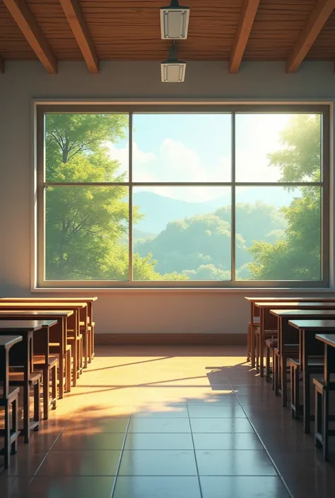 The classroom scene has a window with a view outside. There are no desks.
