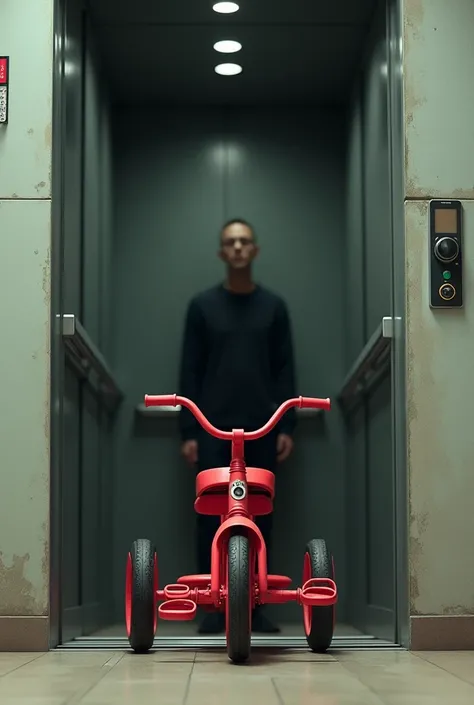 A person inside an elevator with the doors open and a RED tricycle in front of it 