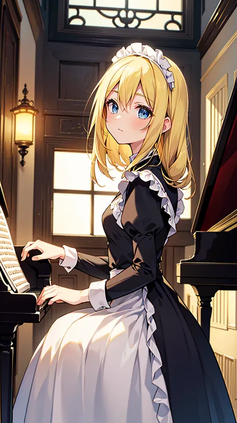 an anime drawing about a young blonde lady, blue eyes, beautiful body, dressed with a black maid dress, playing the piano. backg...