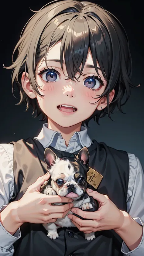 high resolution，high quality，boy playing with pied french bulldog（）, kind eyes, laughter, sad, detailed face, gray hair