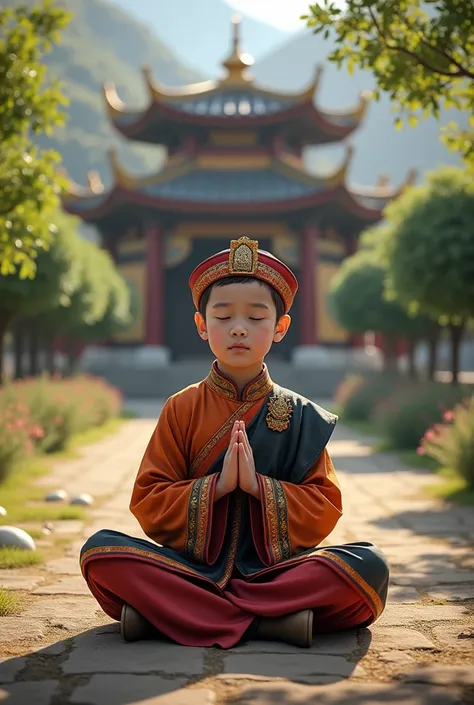  little mongolian boy facing front sitting in shambala “Khamariin khiid” praying, realastic 